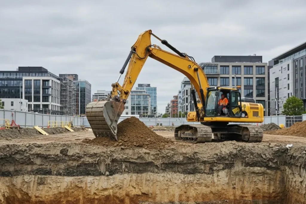 An Earthworks Christchurch excavator digging a deep foundation for a large-scale commercial building for our about us page.