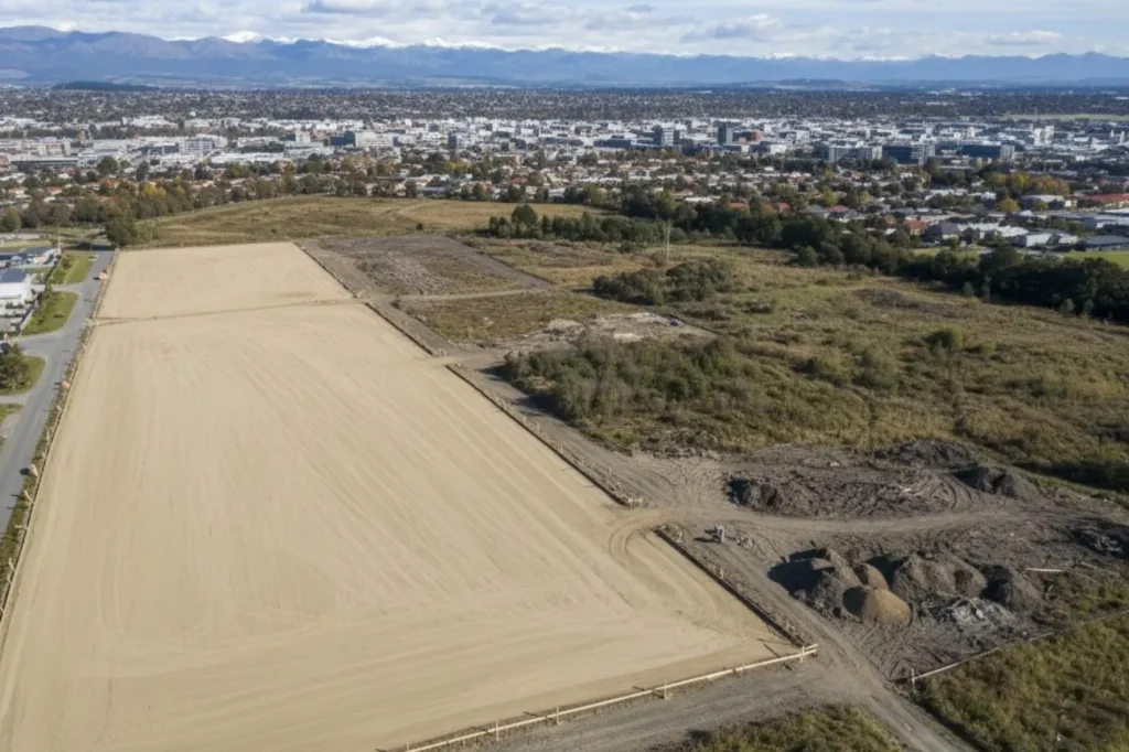 Aerial view of a large leveled building site completed by Earthworks Christchurch for our about us page.