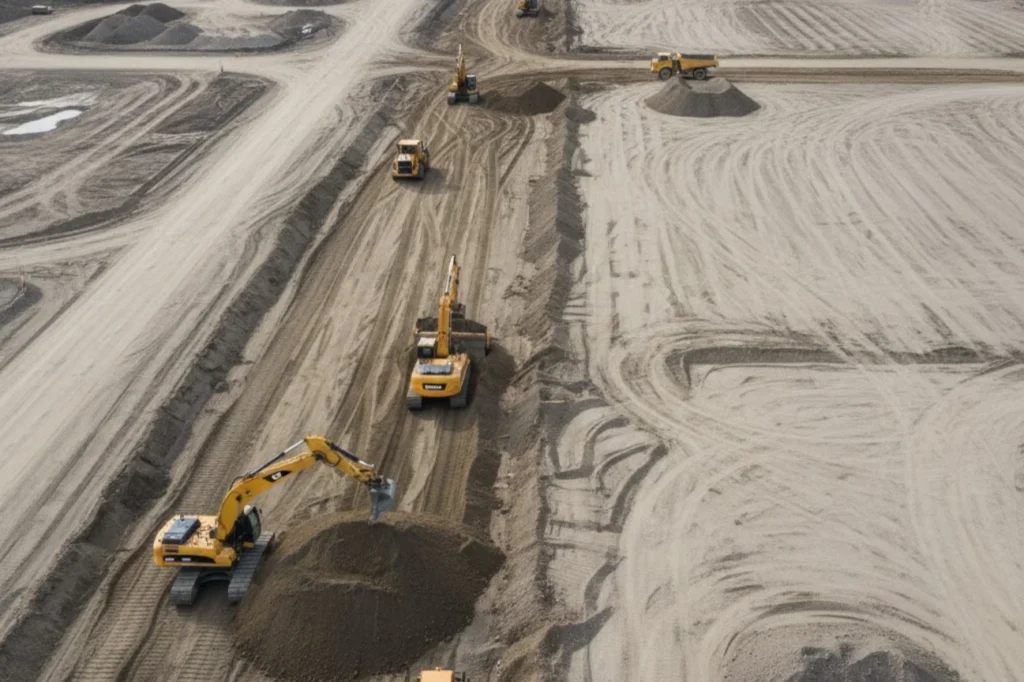 Multiple excavators and heavy machinery performing large scale civil earthworks Christchurch for a new subdivision development.