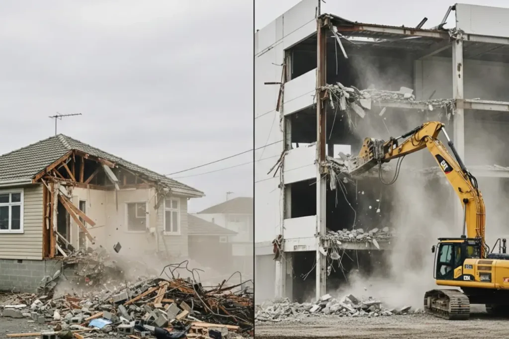 A side-by-side view of Earthworks Christchurch performing residential house removal and heavy machinery commercial demolition work.