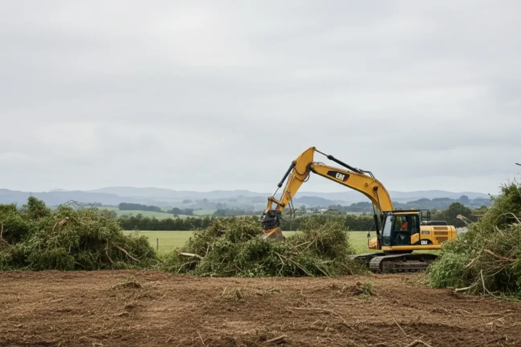 Earthworks Christchurch heavy machinery performing professional land clearing and vegetation removal on a rural site.