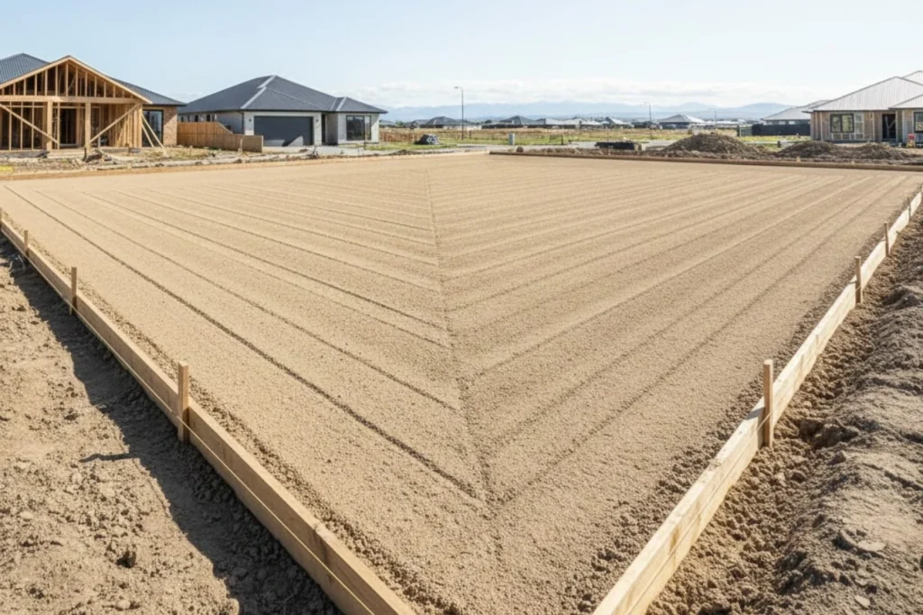 A perfectly leveled sand pad and timber boxing showing completed residential earthworks Christchurch for a new house build.