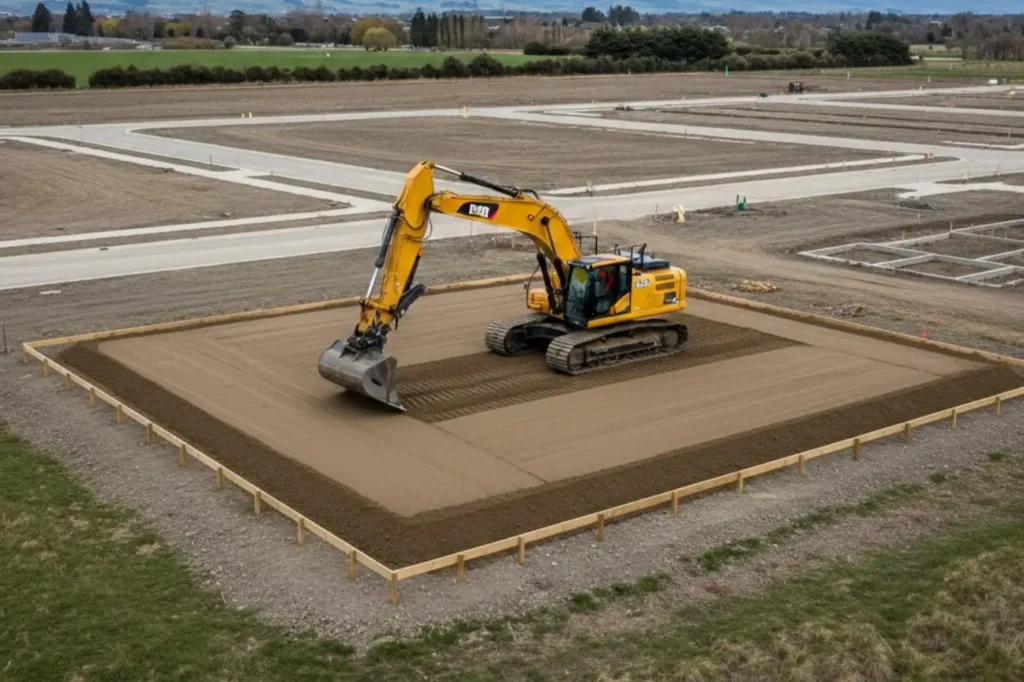 A yellow excavator performing precision site preparation for a new building foundation by Earthworks Christchurch.