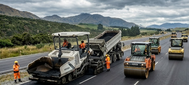 Roading Contractors Christchurch completing asphalt paving and road construction with modern machinery