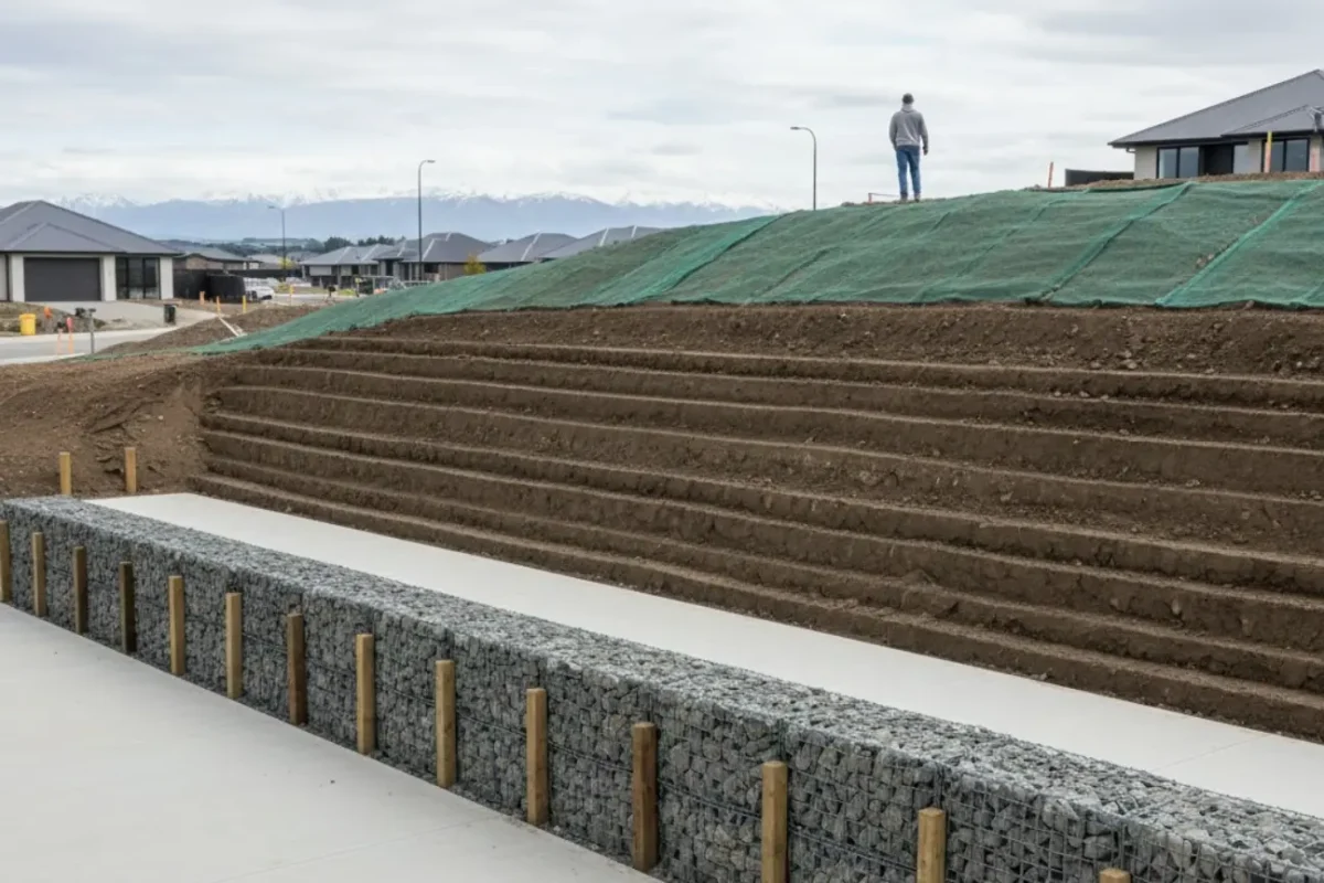 Earthworks Christchurch worker inspecting a safely terraced embankment and gabion retaining wall for our about us page.