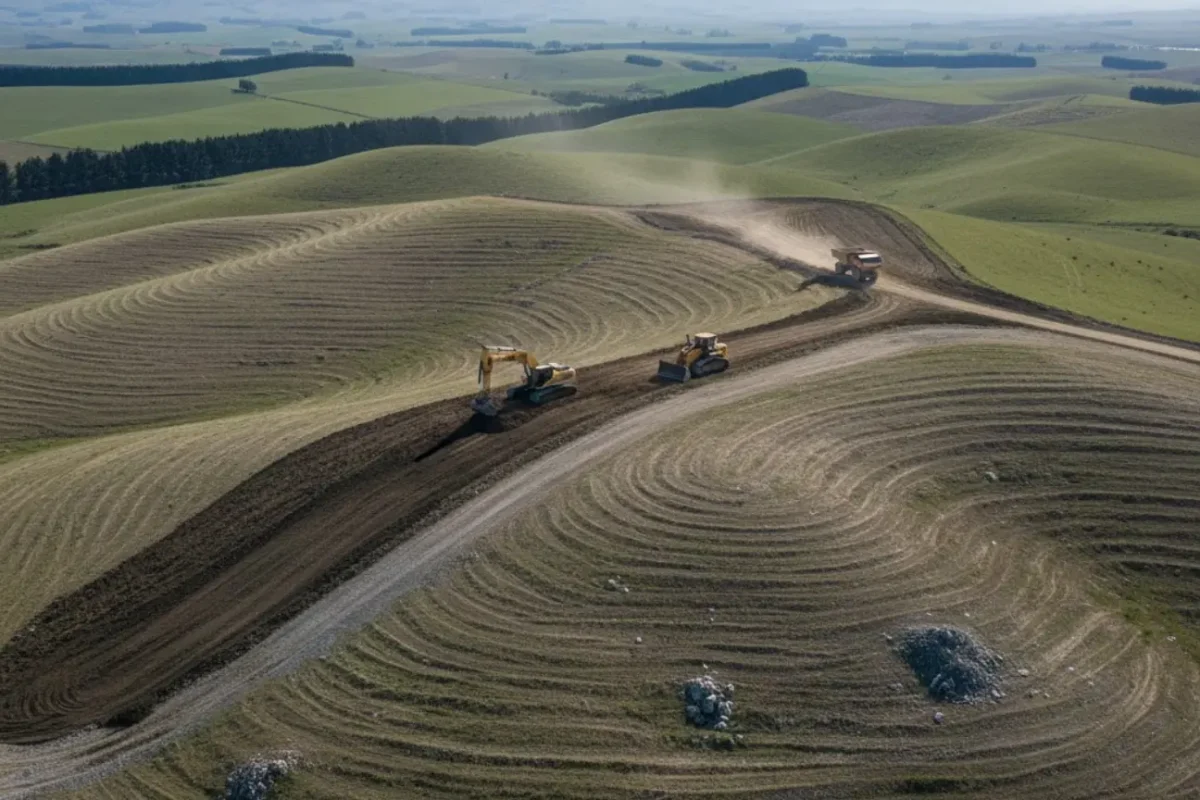 Aerial view of Earthworks Christchurch machinery performing precision hill track work and land contouring for an about us page.