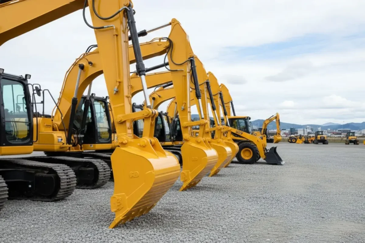 A fleet of modern yellow excavators and heavy machinery lined up by Earthworks Christchurch for our about us page.