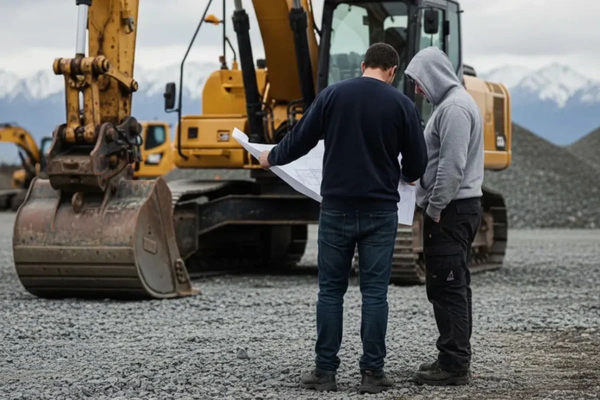Two experienced Earthworks Christchurch team members reviewing site plans in front of an excavator for our about us page.