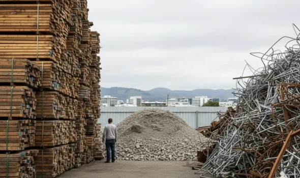 Earthworks Christchurch Environmental Responsibility and Recycling Demolition Work Sorted piles of timber and metal from an Earthworks Christchurch site showcasing environmental responsibility and recycling during demolition work.