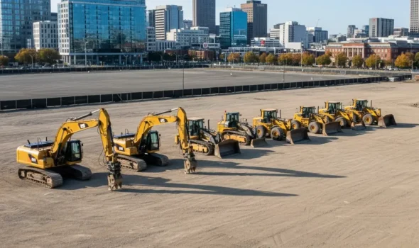 Earthworks Christchurch Reliable Expertise for Every Demolition Work Project A lineup of heavy excavators and loaders from Earthworks Christchurch demonstrating reliable expertise for large-scale demolition work.