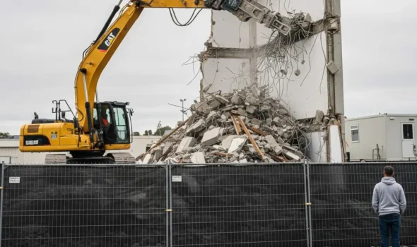 Earthworks Christchurch Safe and Efficient Demolition Work for All Sites High reach excavator from Earthworks Christchurch performing safe and efficient demolition work on a large concrete structure.
