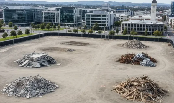 Earthworks Christchurch Site Clearing and Preparation for Demolition Work Aerial view of a large urban site cleared and organized by Earthworks Christchurch as part of professional demolition work.