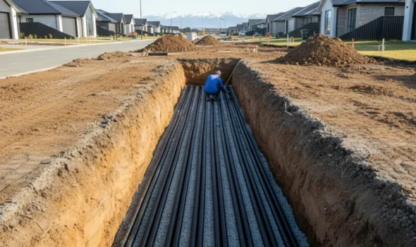 Earthworks Christchurch Small Excavations For Backyard Site Clearing A yellow mini digger performing small excavations for residential garden clearing by Earthworks Christchurch.