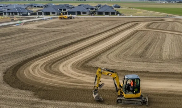 Earthworks Christchurch Small Excavations For Landscaping and Subdivisions An aerial view of a mini excavator performing small excavations for a new housing subdivision by Earthworks Christchurch.
