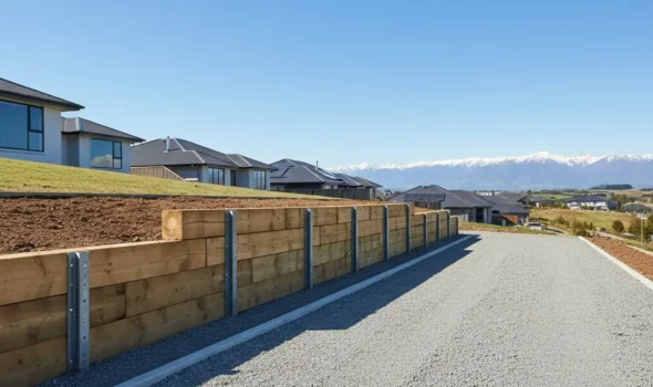 Earthworks Christchurch Small Excavations For Retaining Walls And Driveways A timber sleeper retaining wall and gravel driveway constructed after small excavations by Earthworks Christchurch.
