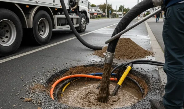 A vacuum truck performing hydro excavation for safer results around underground utilities for Earthworks Christchurch.