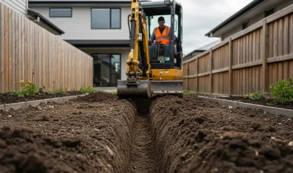 A compact excavator digging a narrow trench in a residential backyard for Earthworks Christchurch.