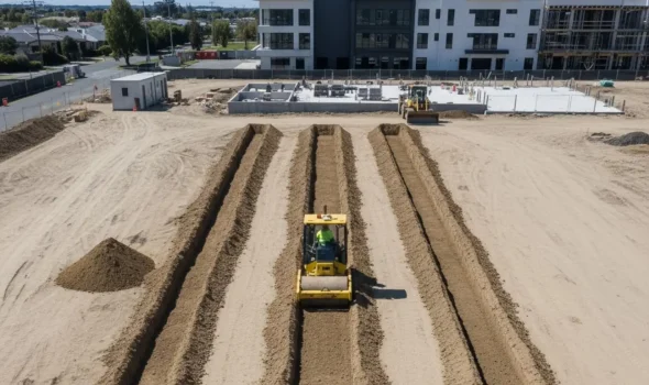 A yellow roller compactor leveling soil within parallel foundation lines for reliable earthmoving and site preparation by Earthworks Christchurch.