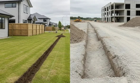 A side by side comparison of residential lawn trenching and a large scale commercial foundation trench by Earthworks Christchurch.