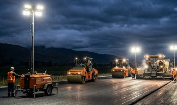 Roading Contractors Christchurch completing night road construction and asphalt paving