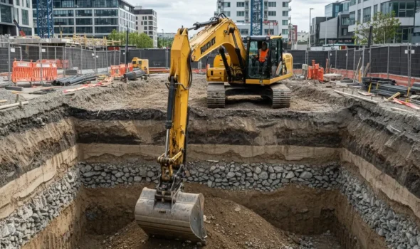 Expert Site Preparation For Residential Foundations By Earthworks Christchurch A yellow excavator leveling soil within a timber-framed pad for residential site preparation by Earthworks Christchurch.